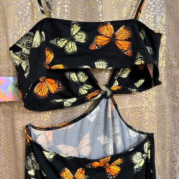 Liz & Sara Black Orange Butterfly Cut Out Stretchy Maxi Dress NWT - Picture 4 of 10